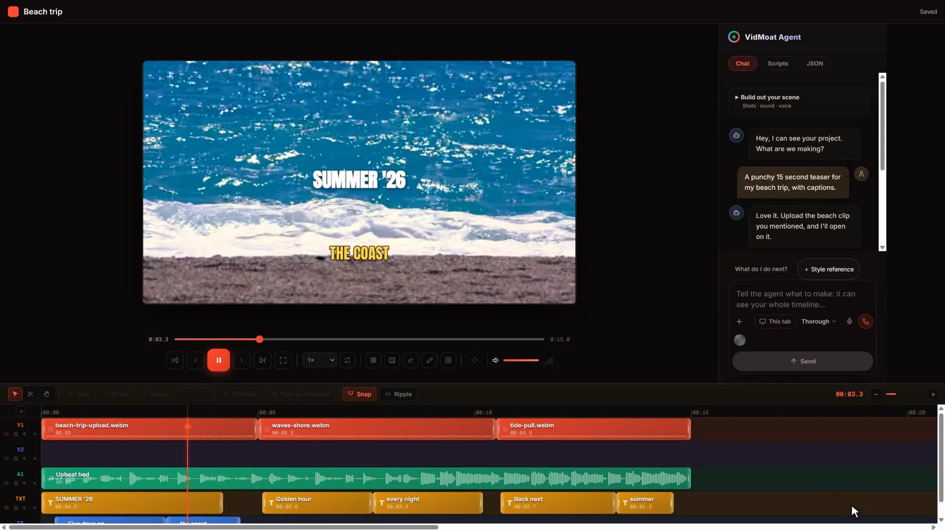 The Vidmoat editor: a beach teaser in the preview, the agent chat on the right, and video, music and caption clips on the timeline.